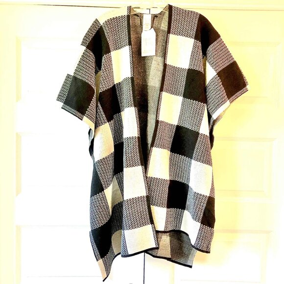 NWT TIME AND TRU Ruana Buffalo Check Wrap Open Front Cardigan Blk\White OS - Picture 3 of 7